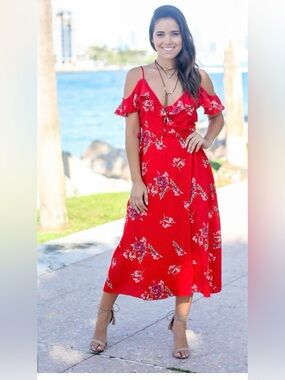 Blue Blush Red Floral Wrap Dress Midi Cold Shoulder Boho Chic Size Small